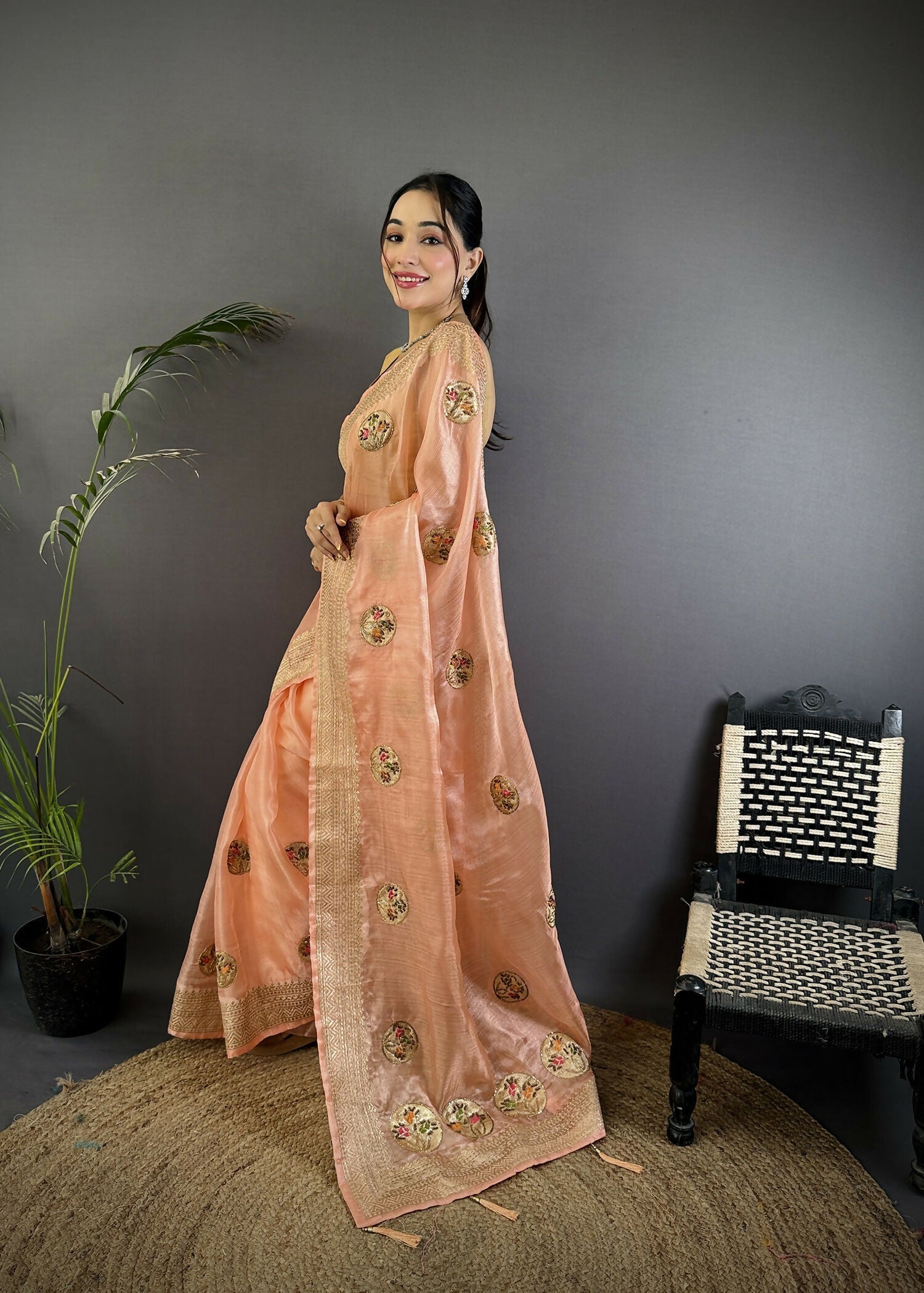 Joban Fashion Peach Handloom Banarasi Organza Silk Khatali Butta Work Saree