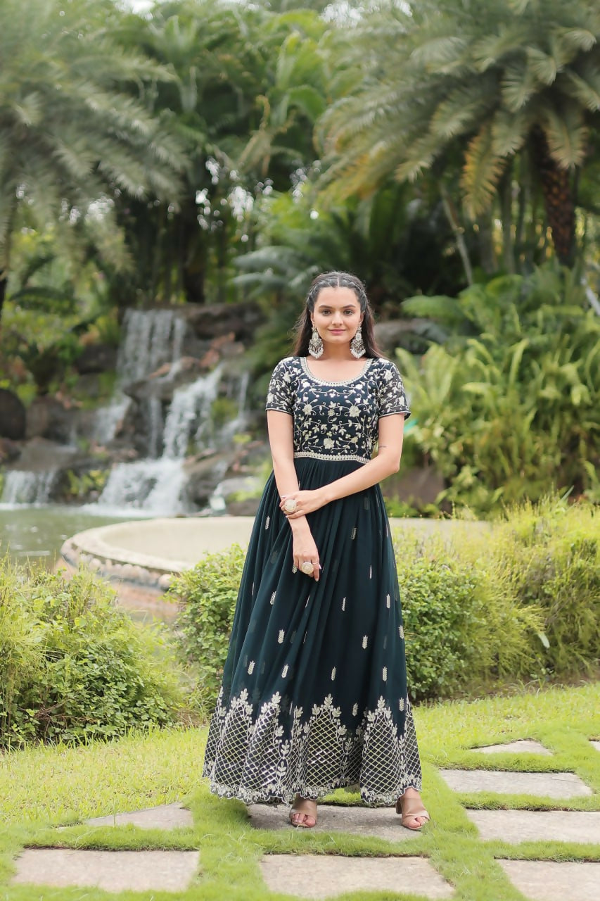 Vastranavya Premium Designer Faux Blooming with Embroidery Zari Sequins work Gown - Teal