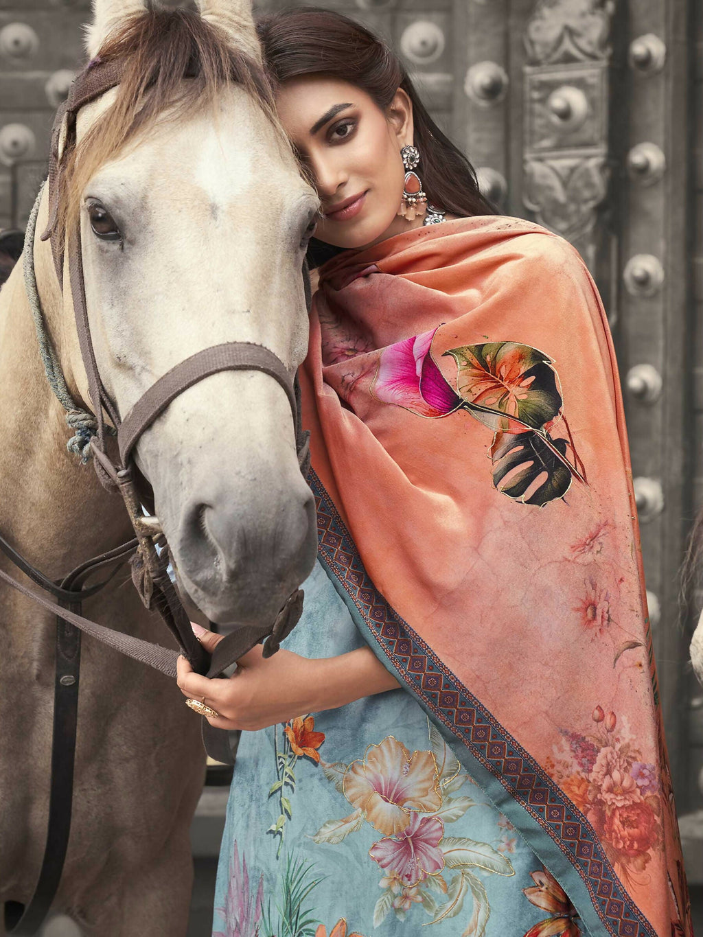 Jyoti Fashion Women's Sky Blue Velvet Floral Digital Printed Kurta with Trouser & Dupatta
