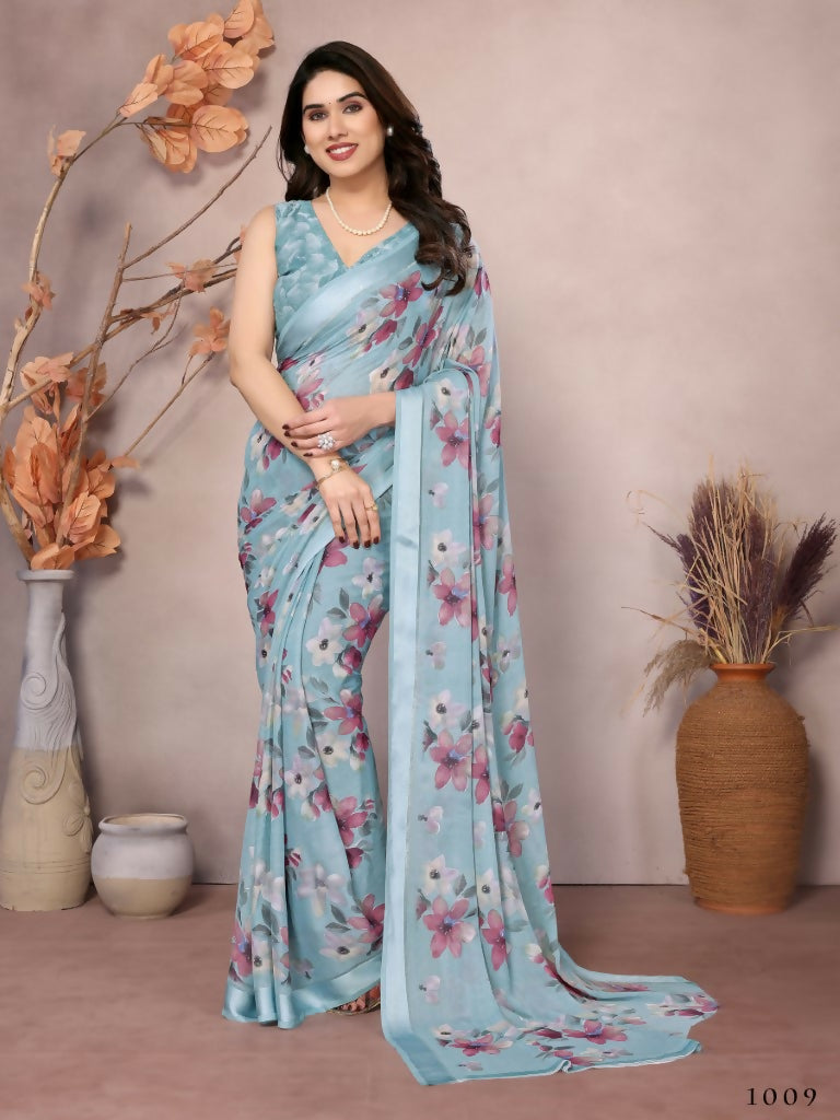 Designer Partywear Light Blue Bright Moss Satin Patta Fancy Saree - Kanak