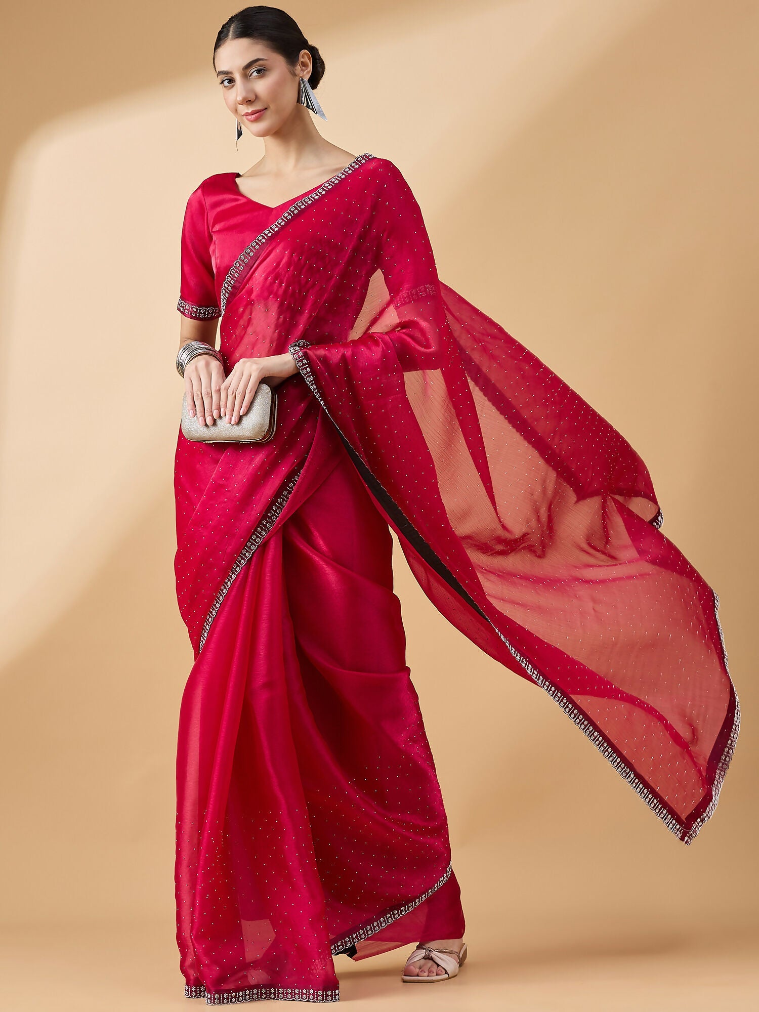 Pink Organza Swaroski Diamond Work Saree with Unstitched Blouse - Radha
