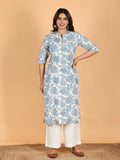 Aramya Blue Linen Cotton Floral Straight Kurta for Women