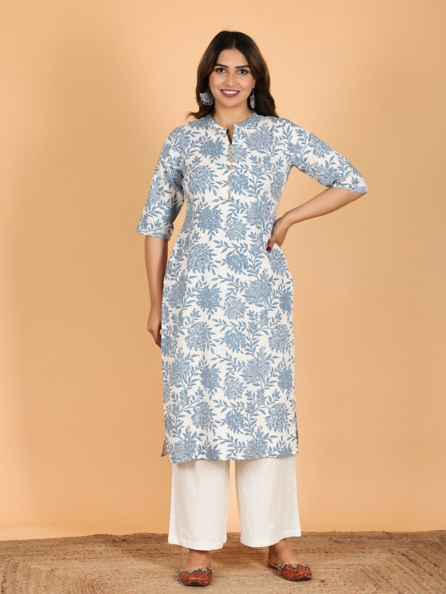 Aramya Blue Linen Cotton Floral Straight Kurta for Women
