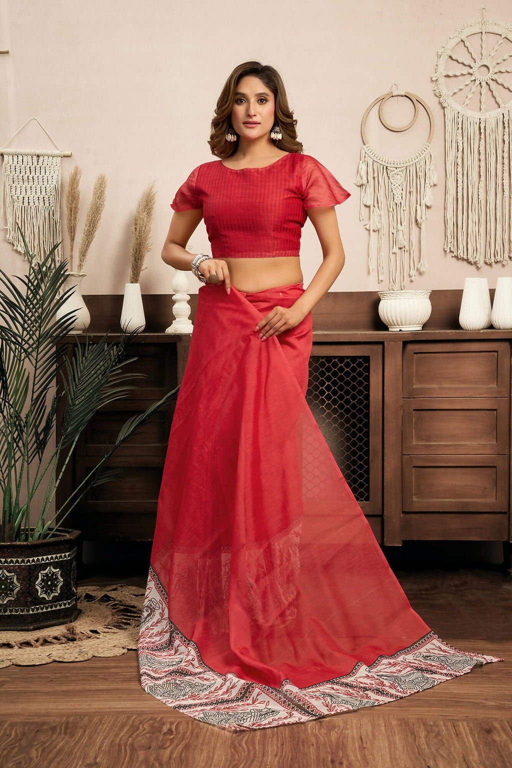 Vastranavya Red Digital Printed Linen Ready To Wear Designer Saree with Unstitched Blouse