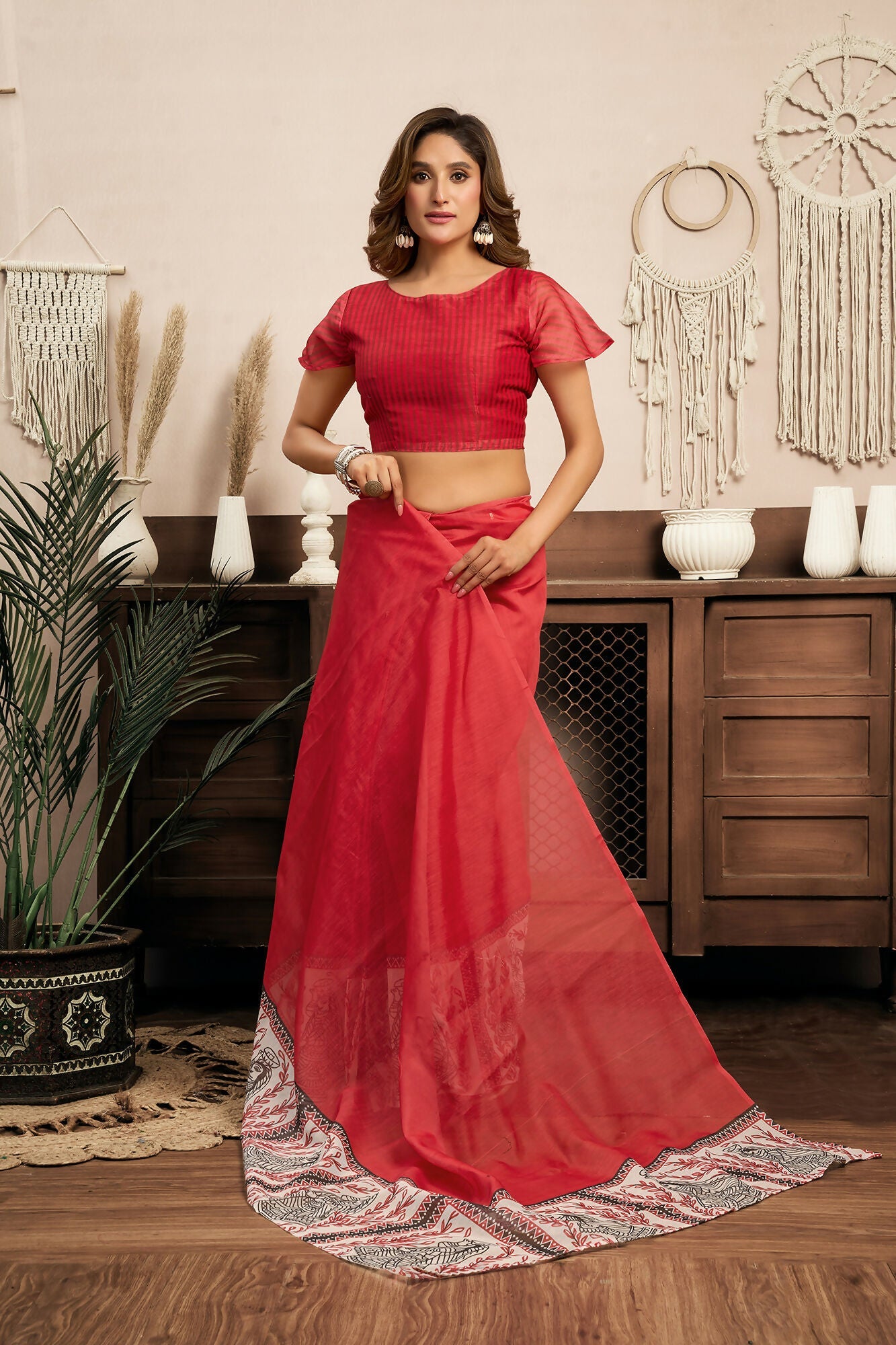 Vastranavya Red Digital Printed Linen Ready To Wear Designer Saree with Unstitched Blouse