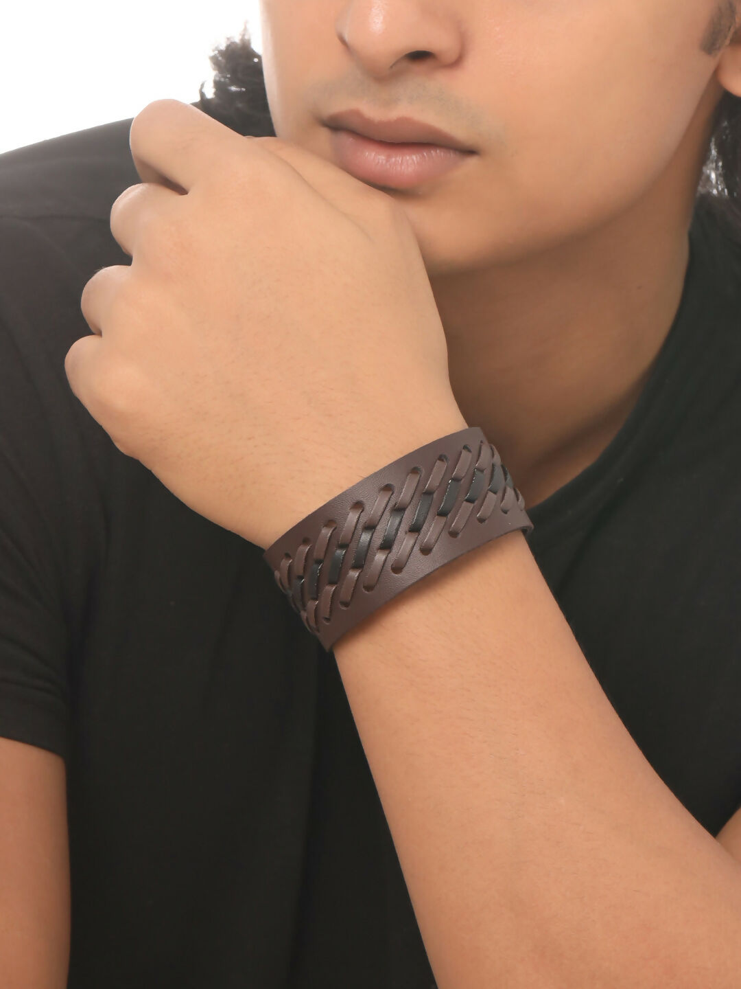 NVR Men's Set of 2 Brown Leather Bracelet