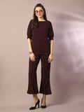 Myshka Women's Coffee Brown Solid Boat Neck Party Top With Trousers Co-ord set