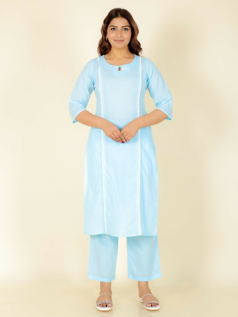 Aramya Blue Soft Cotton Solid Print Panelled Kurta Pant Set for Women