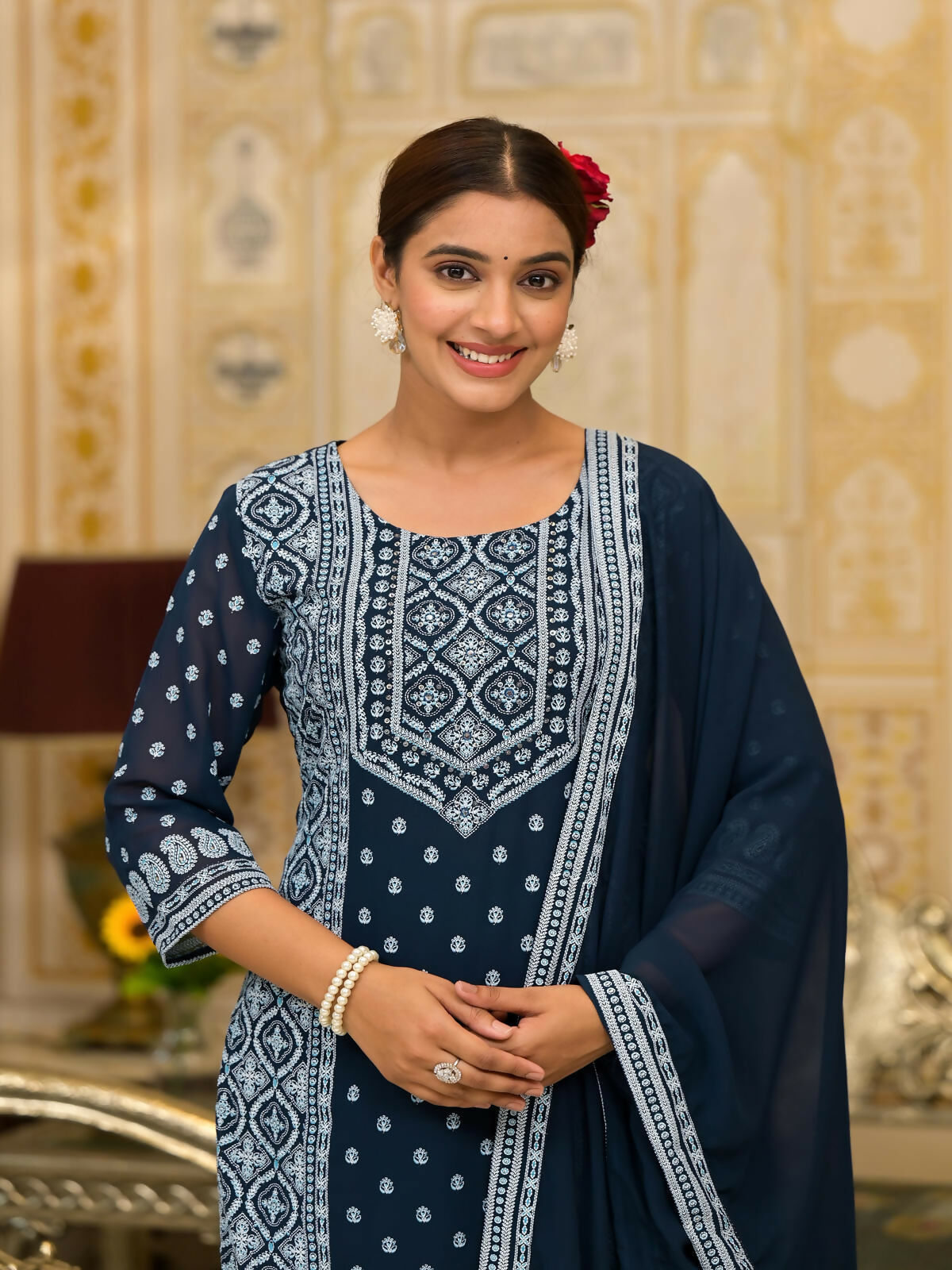 Juniper Women's Navy Ethnic Motif Printed Georgette Kurta Pant And Dupatta Set With Sequins & Beads