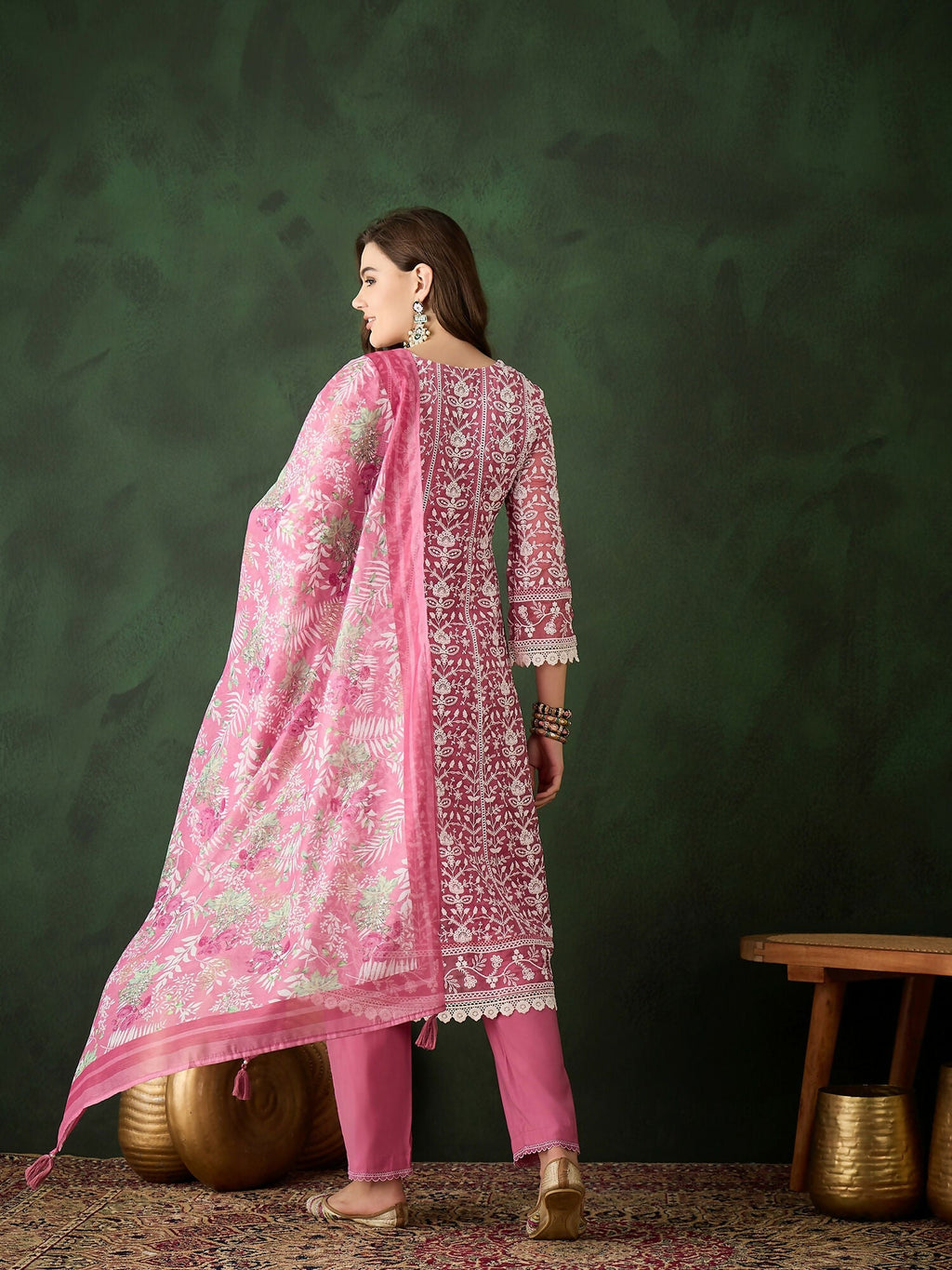 Pink Crystal Organza schiffli embroidery Kurta With Trouser & Dupatta - Bhumi