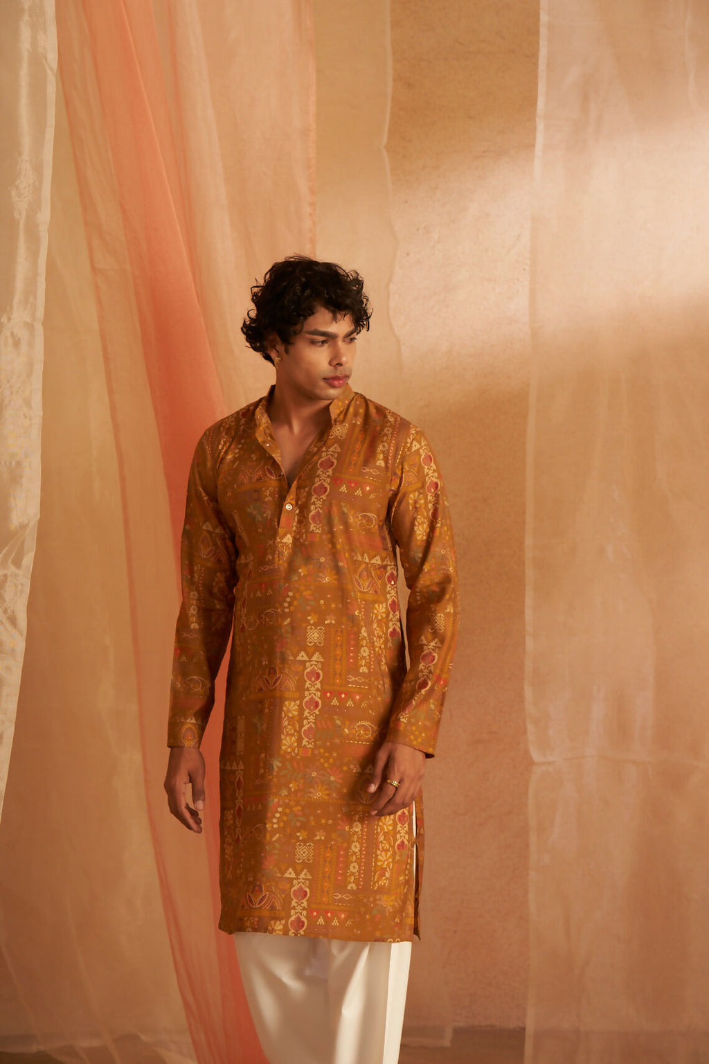 Brownish Yellow Modal Silk Designer Printed Men's Kurta Set - Mahotsav