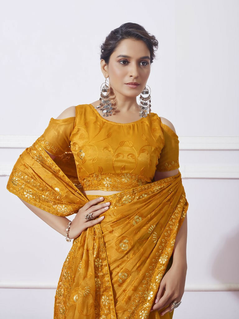 Mustard Simmar Designer Thread Embroidery Work Saree with Unstitched Blouse - Vandini