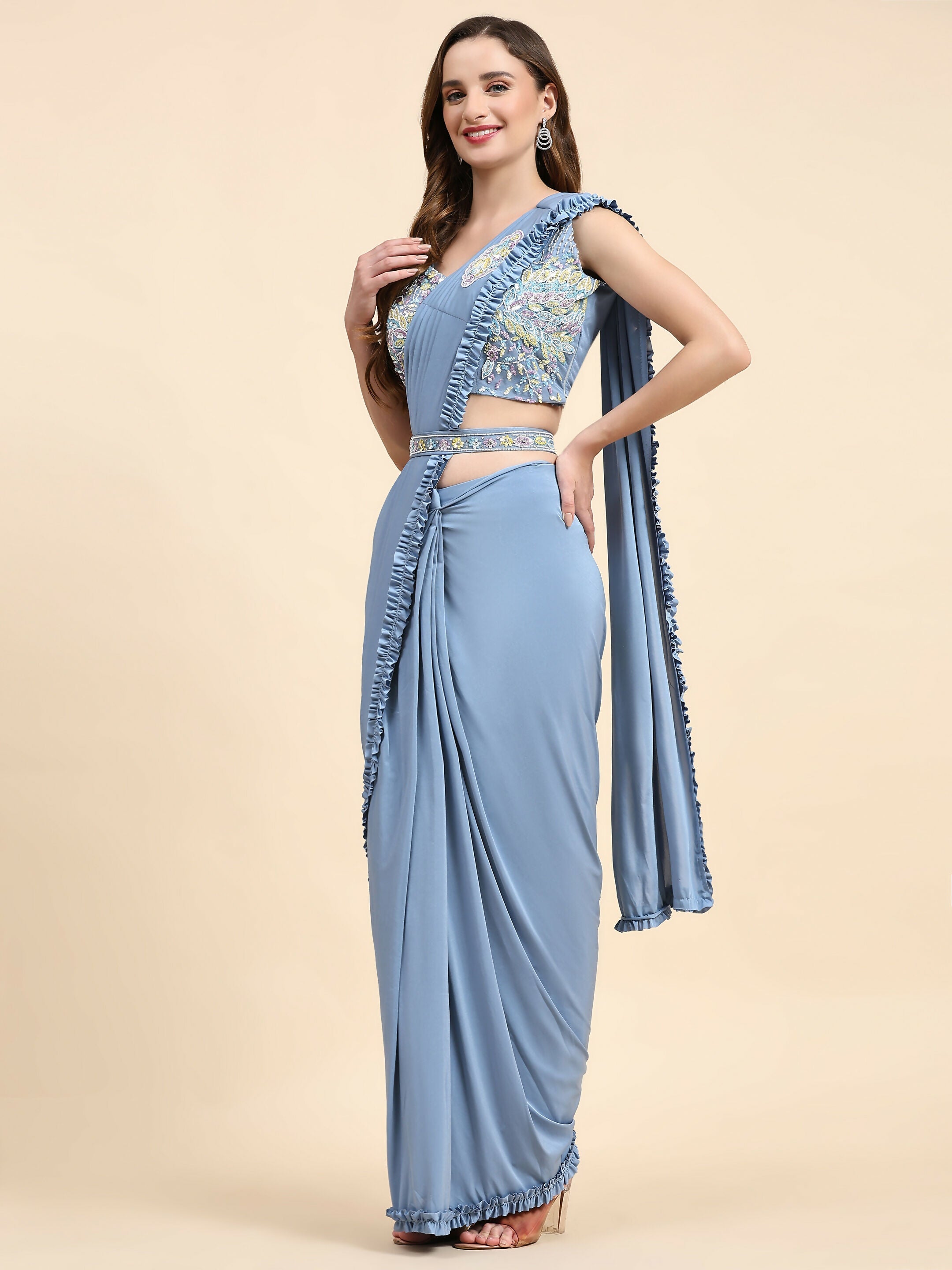 Blue Lycra Solid Ready to wear Saree with stitched Blouse - Vanita