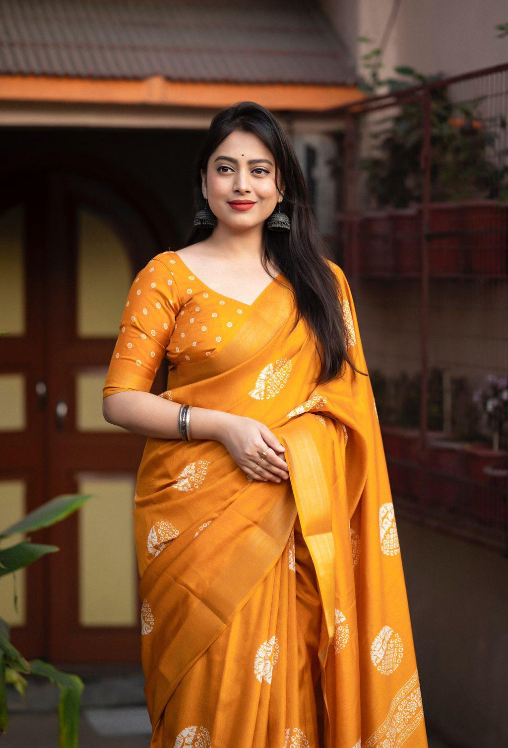 Mustard Cotton Crepe Batik Print Saree with Unstitched Blouse - Hiral Fashion