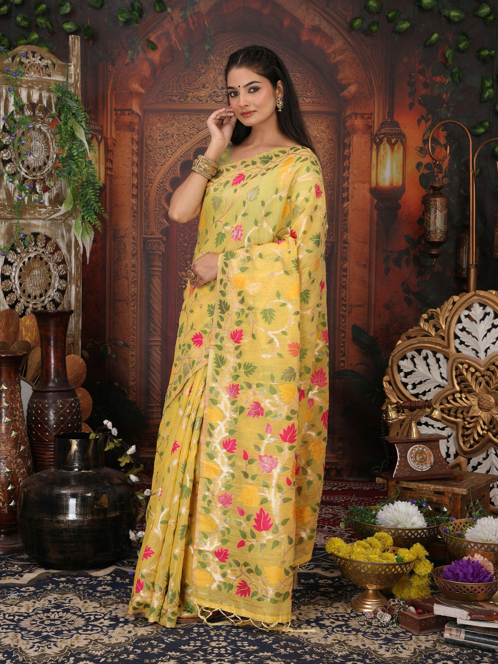 Shree Shyam Fashion Linen Cotton White Saree