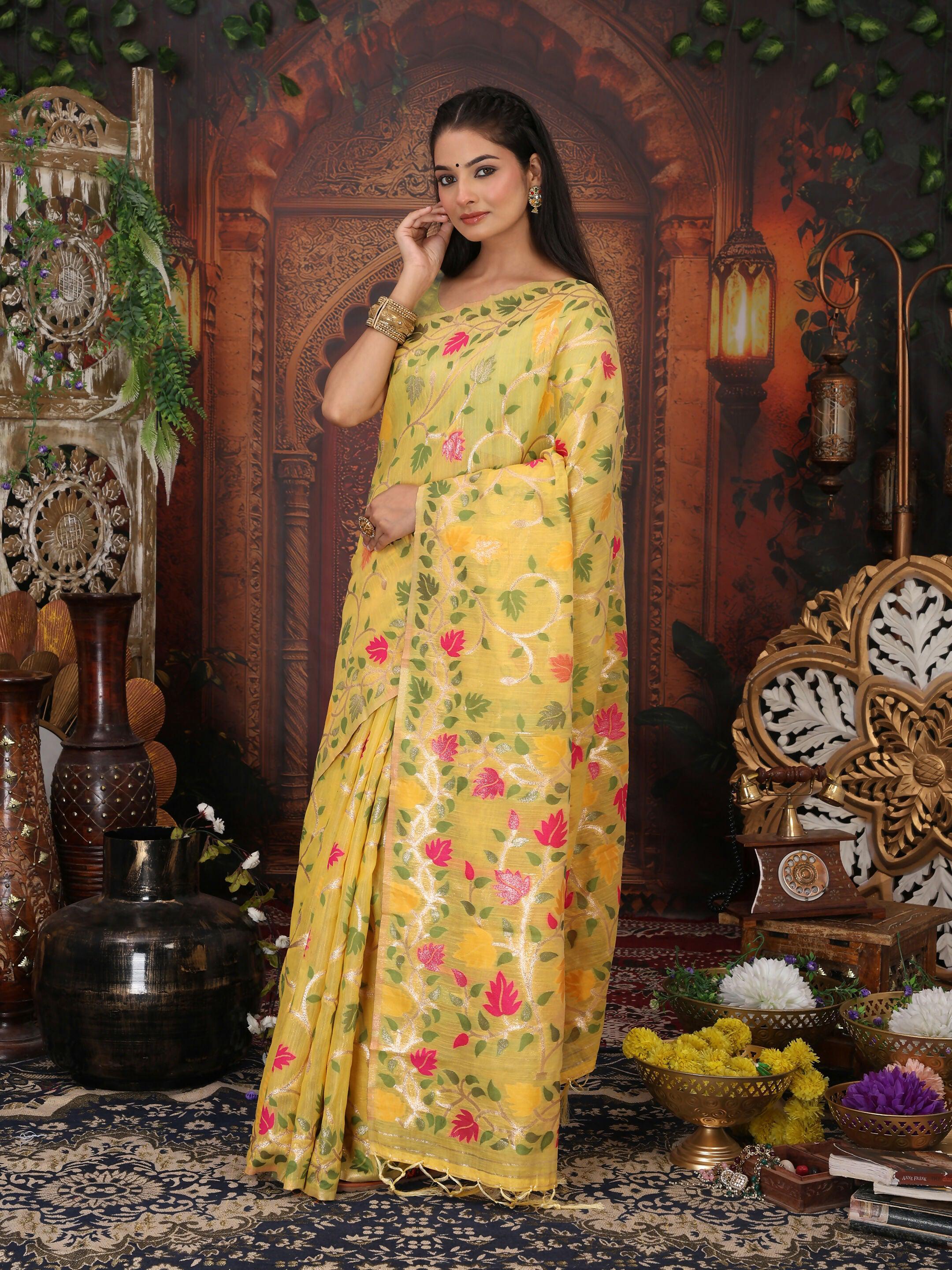 Shree Shyam Fashion Linen Cotton White Saree