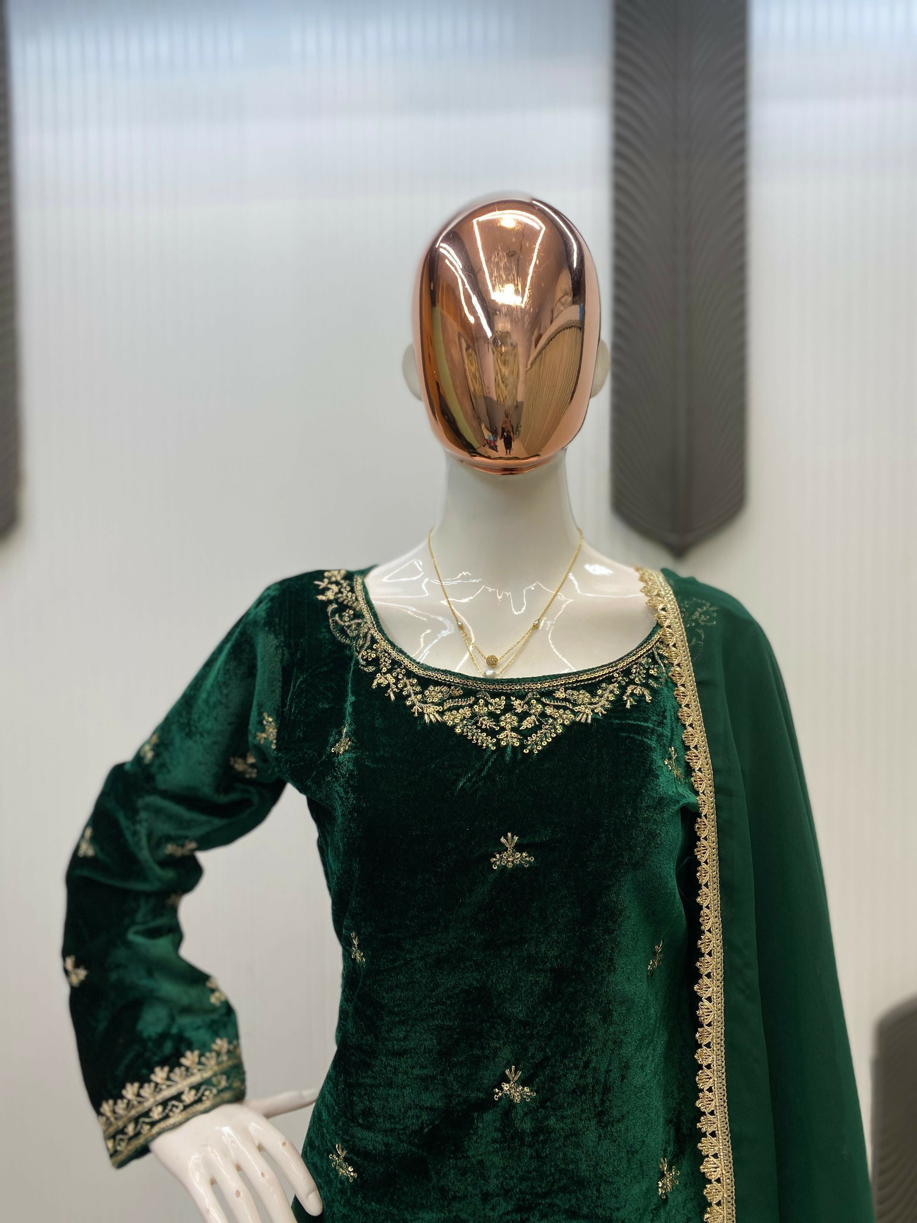 Vastranavya Green Velvet Sequence Embroidery Work Kurta & Bottom With Dupatta