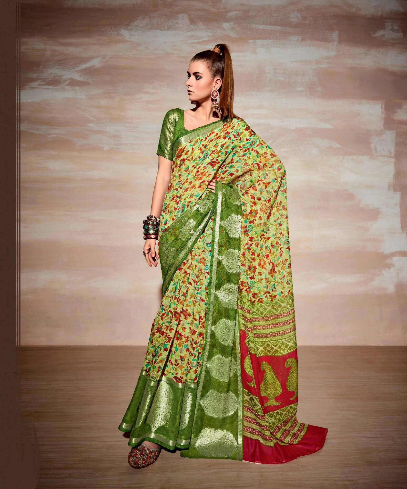 Light Green Cotton Floral Printed Saree With Unstitched Blouse Piece - Kathika