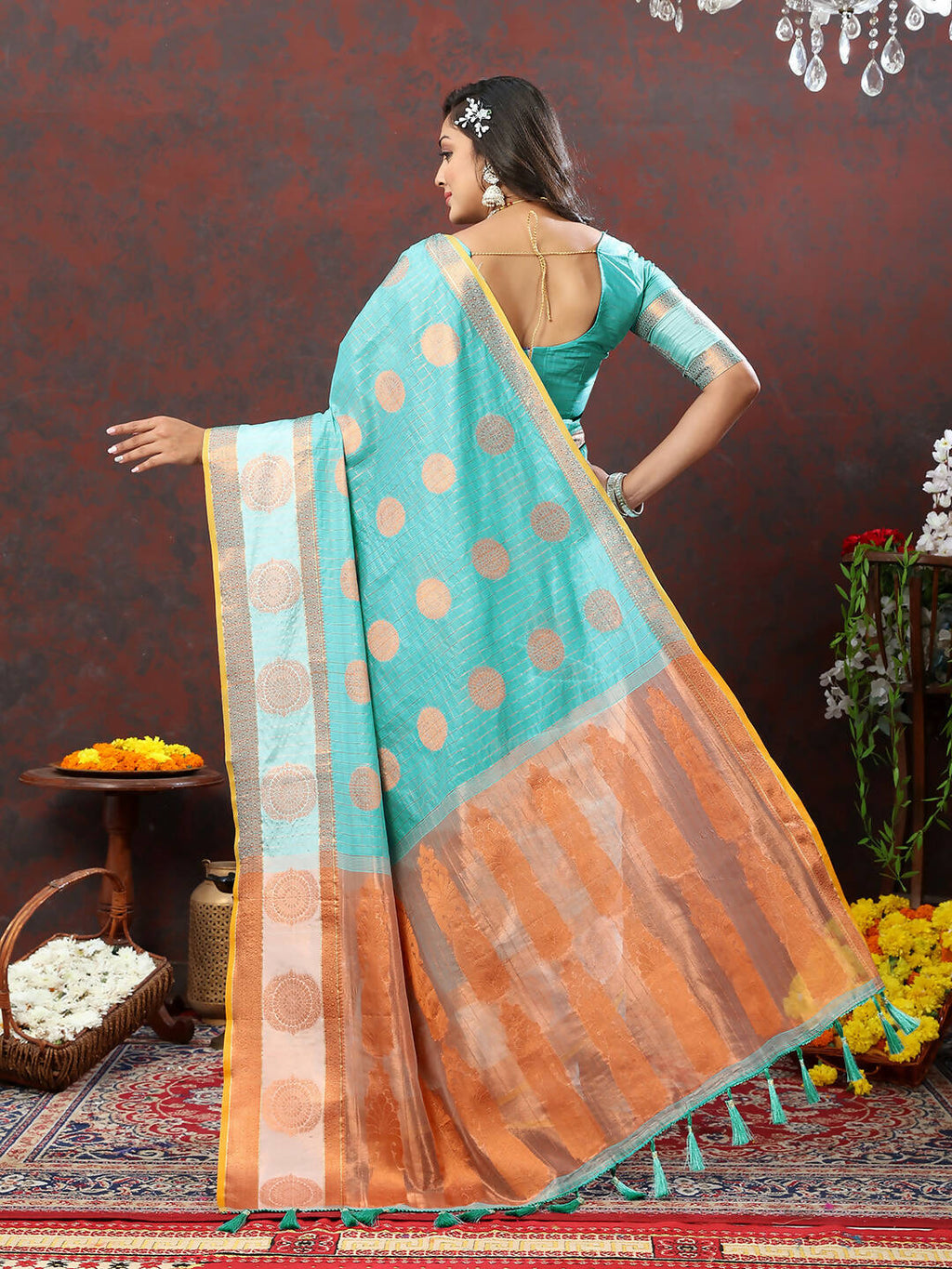 Lorenvalley Fashion Skyblue Cotton with Woven Design Zari Weaving Saree