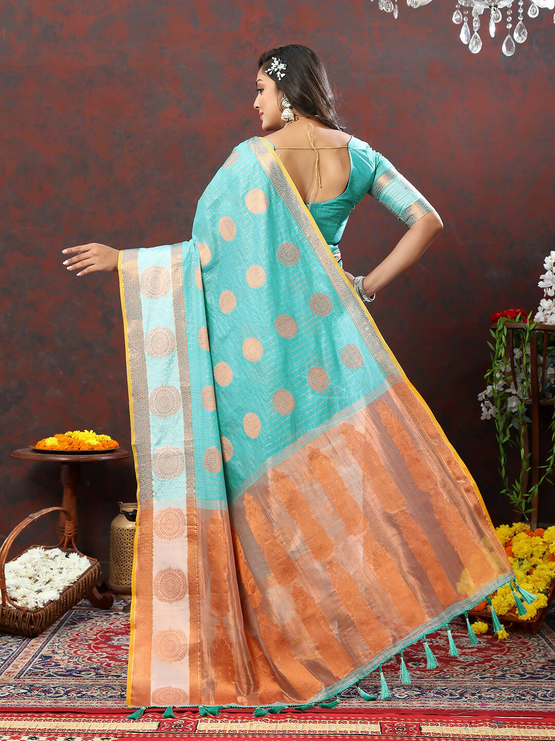 Lorenvalley Fashion Skyblue Cotton with Woven Design Zari Weaving Saree