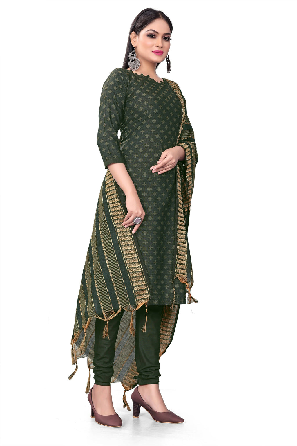 Green Cotton Jacquard Woven Unstitched Dress Material - Amara