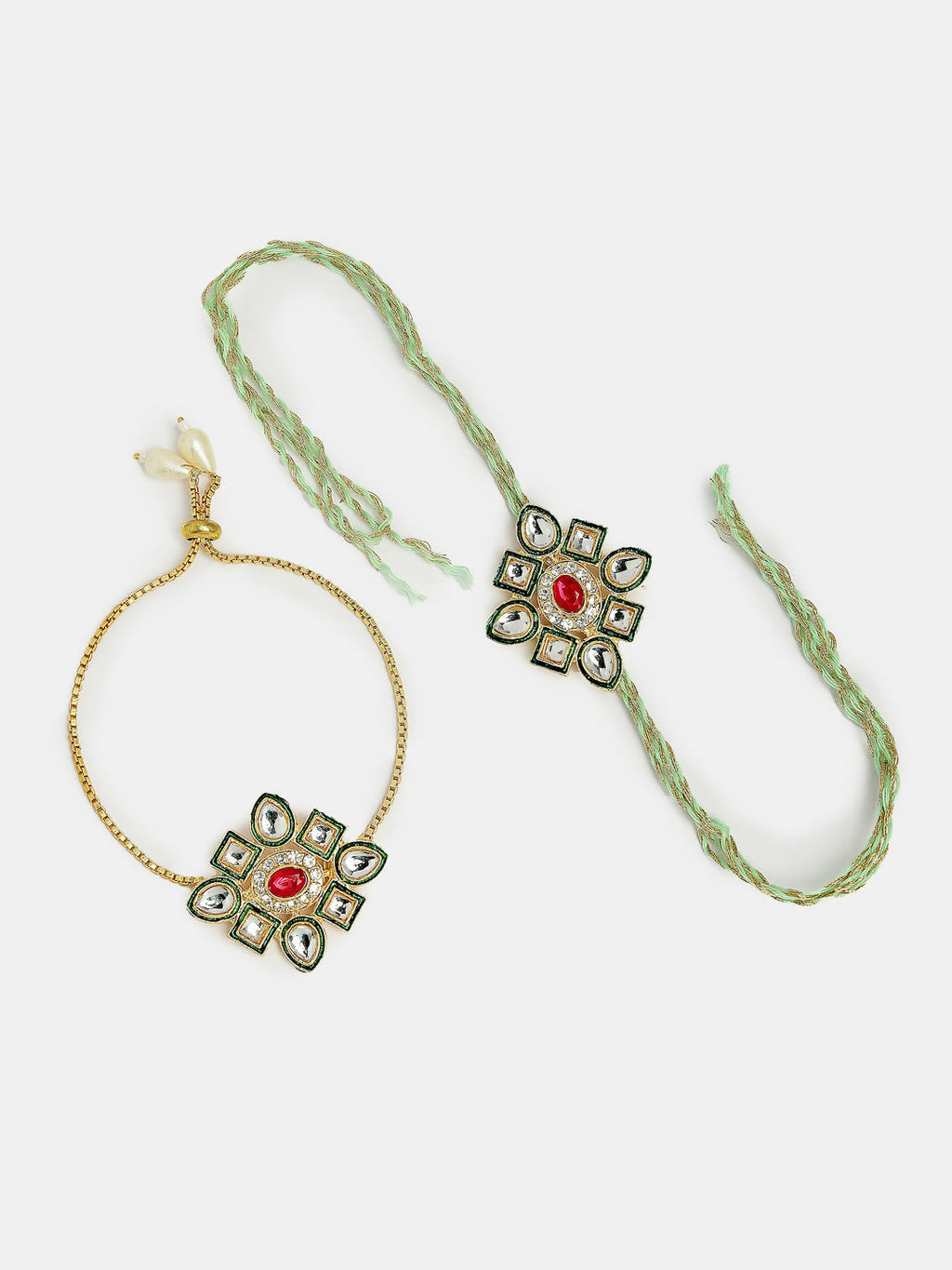 NVR Women & Men Set of 2 Gold Kundan-Studded Handcrafted Wraparound Rakhi Set With Roli Chawal & Chocolate