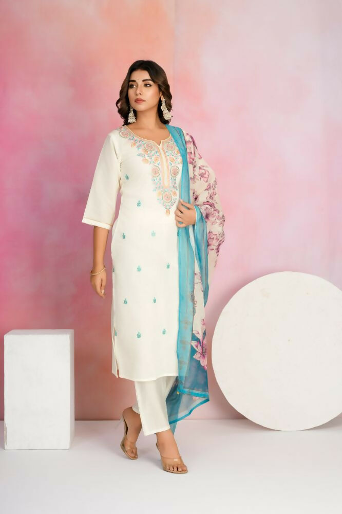 Ethnic Festive Wear Viscose Chanderi Off White Stitched Suit With Dupatta - Tanisha