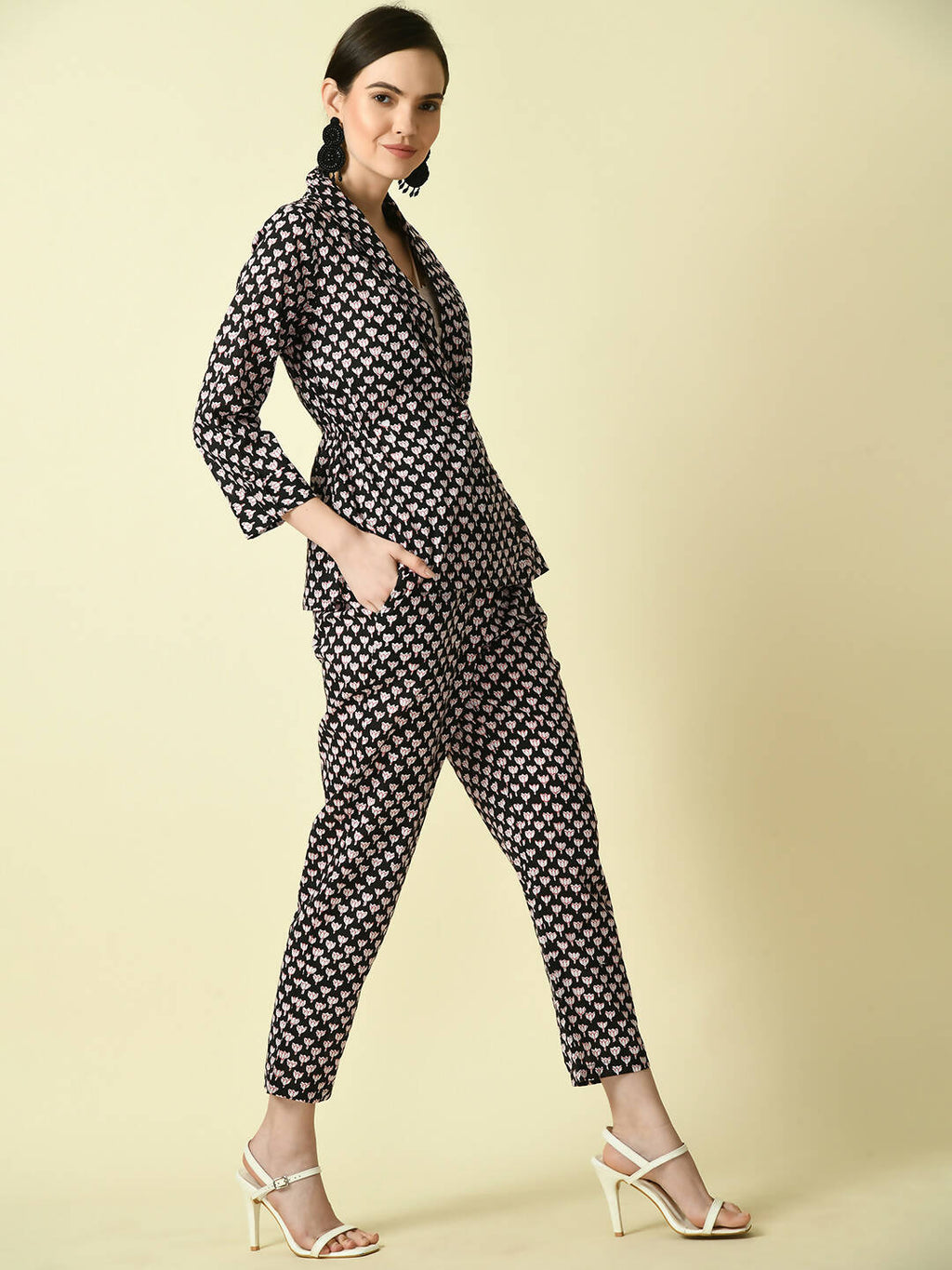 Myshka Women's Black Shawl Neck Coat With Trousers