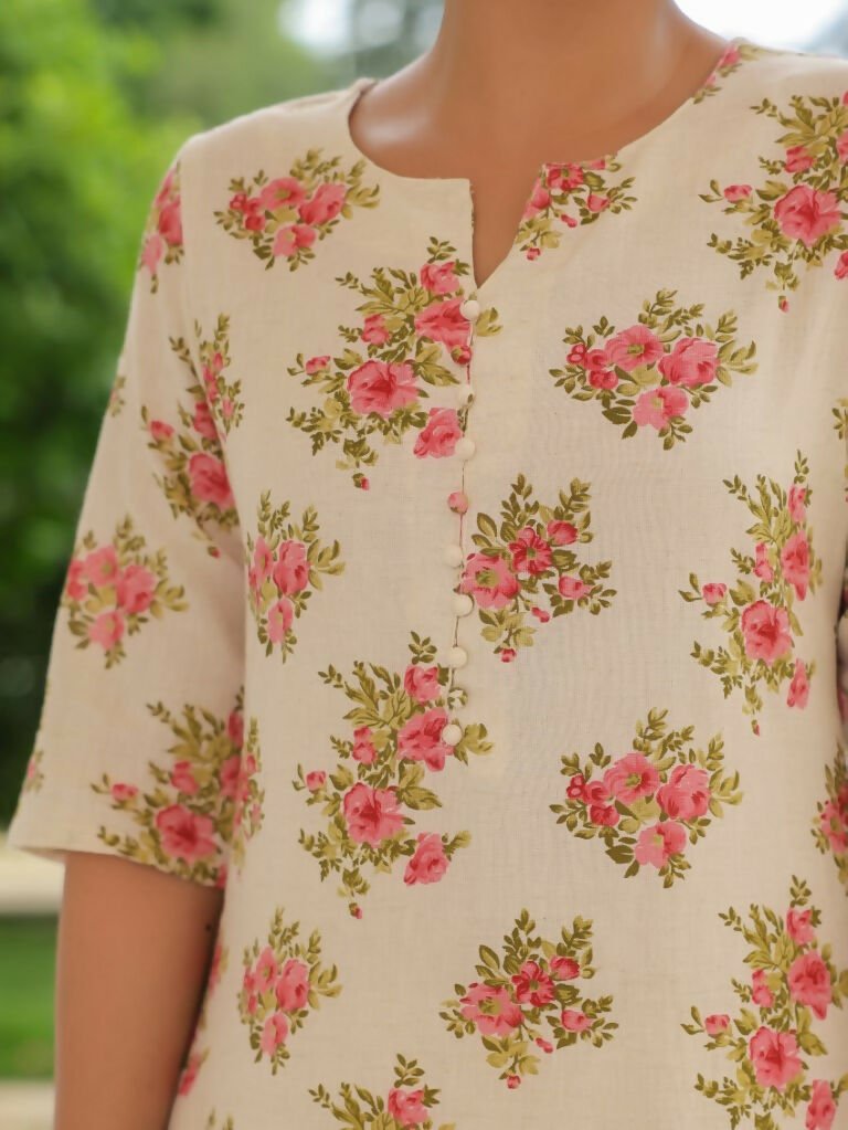 Aramya A-line Linen Cotton Floral Print Women's Kurta - Pink