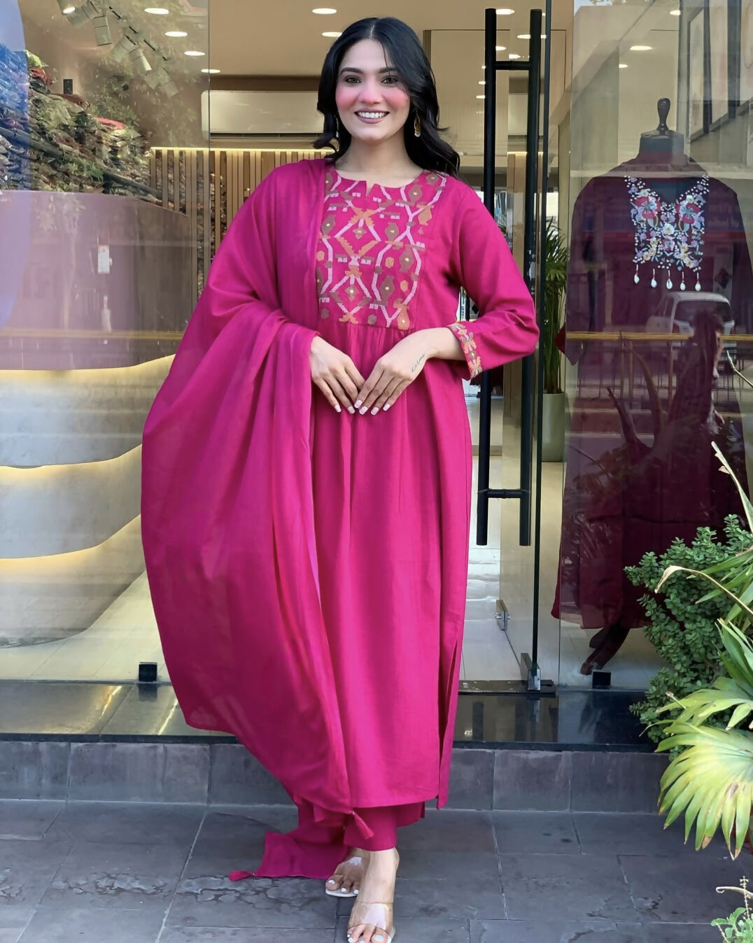 The52 Pink Women's Gorgeous Chanderi Fabric Embroidered Work Straight Kurta Pant and Dupatta Set