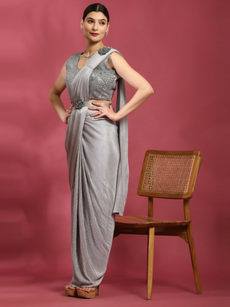 Grey Imported Crush Lycra Texture Pattern Ready to Wear Saree with stitched Blouse - Nirvana