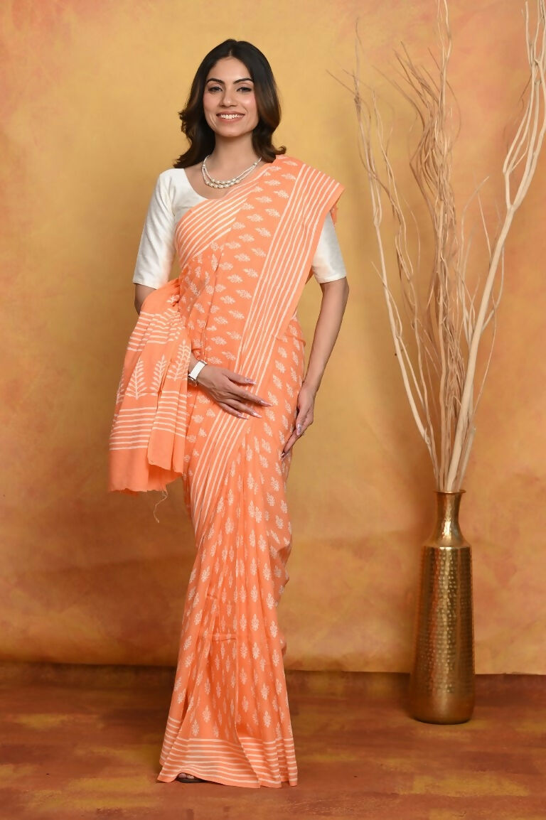 Very Much Indian Handblock Printed Cotton Saree With Natural Dyes - Light Peach