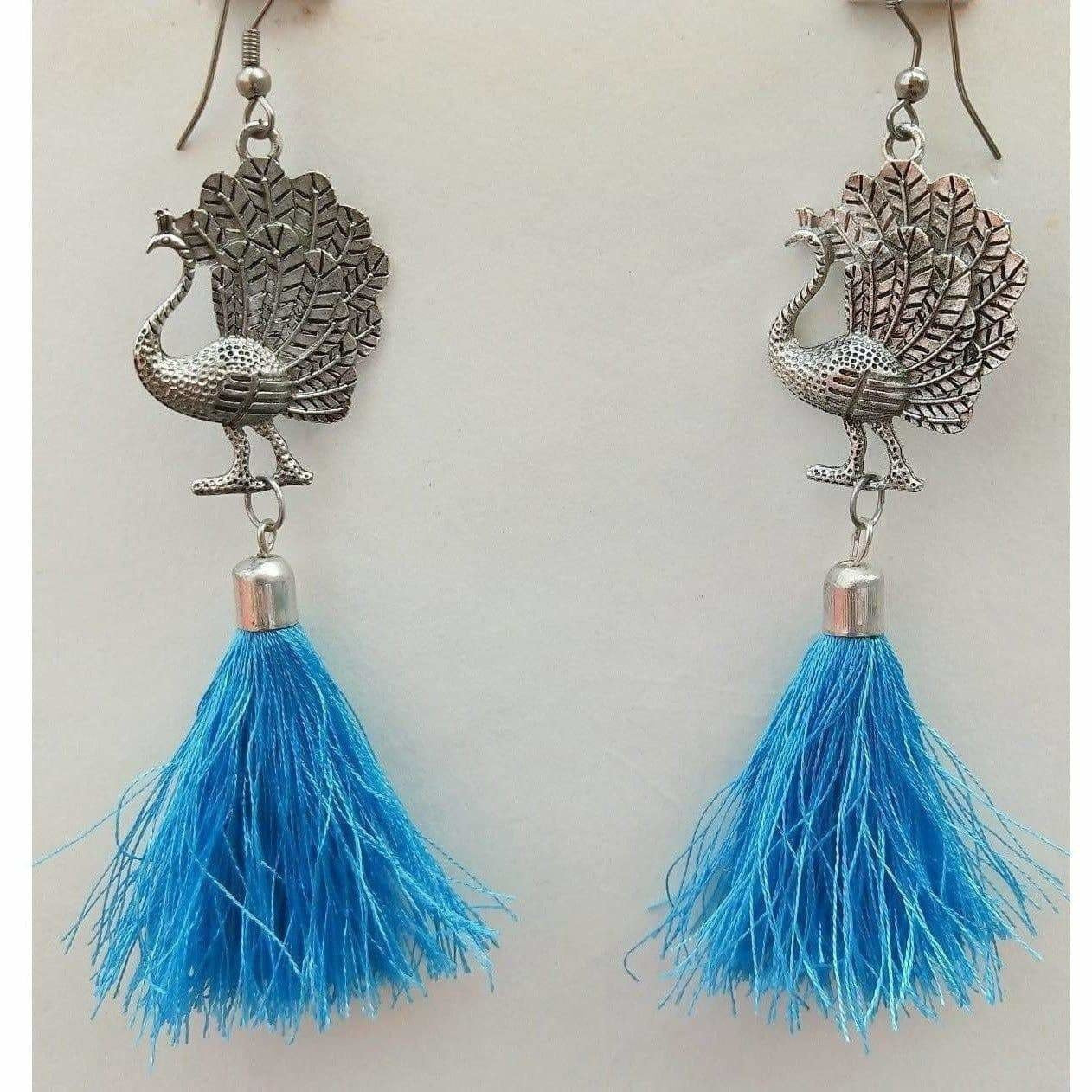 MS Fashion India Fancy Peacock Tassel Hanging Blue Silk threads Earrings