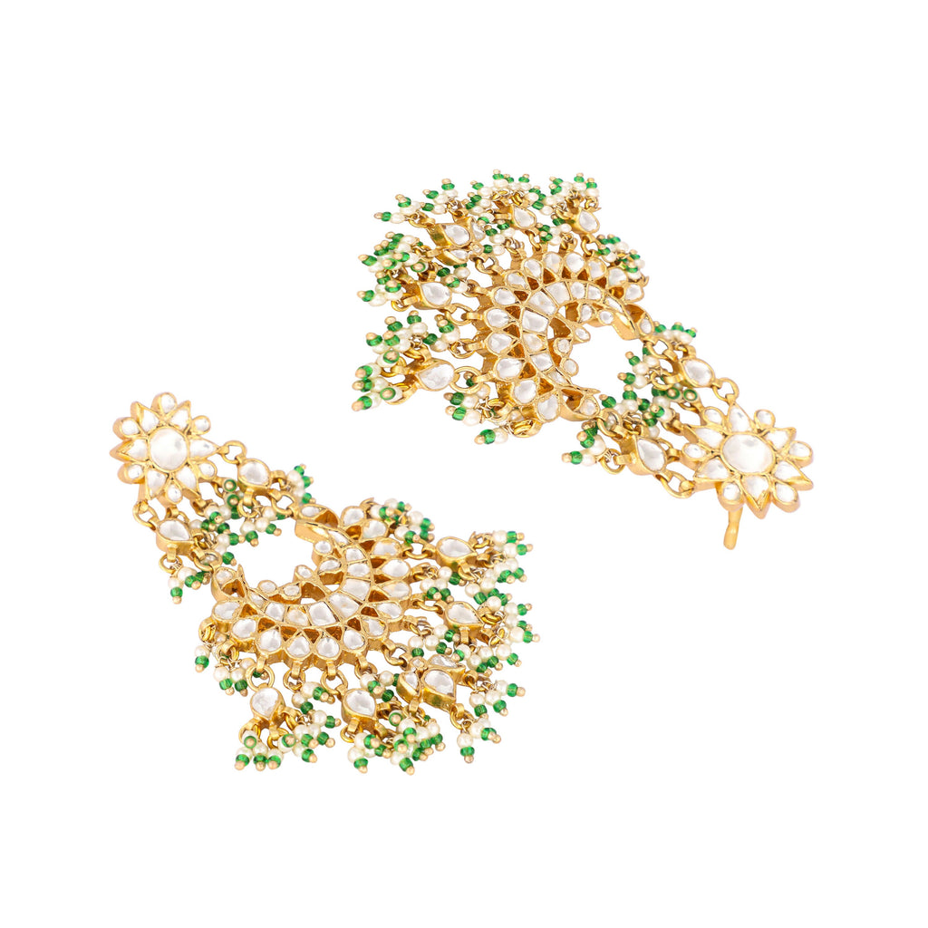 Nuyug 22K Gold-Plated Kundan & Pearl Studded Crescent Shaped Green Beads Chandbalis