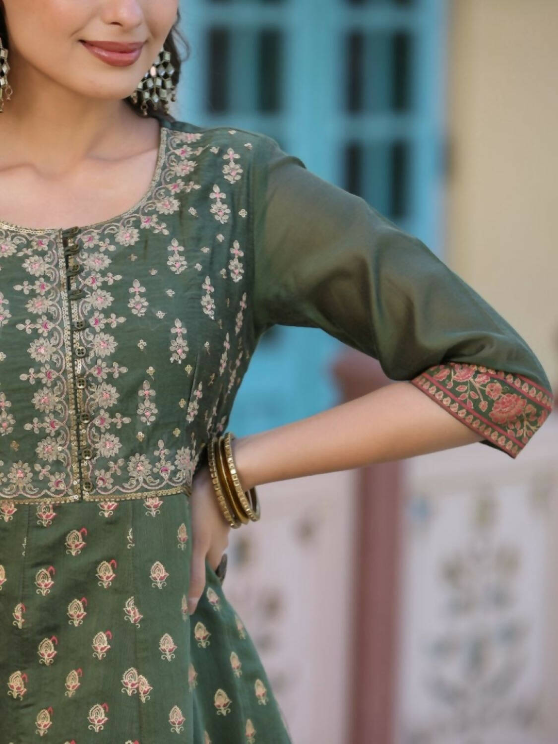 Juniper Women Olive Chanderi Printed Maxi Dress with Embroidered Yoke