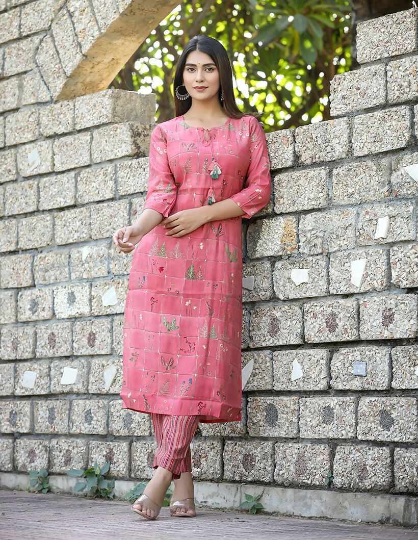 Kaajh Women's Pink Floral Printed Modal Silk Kurta Pant Set