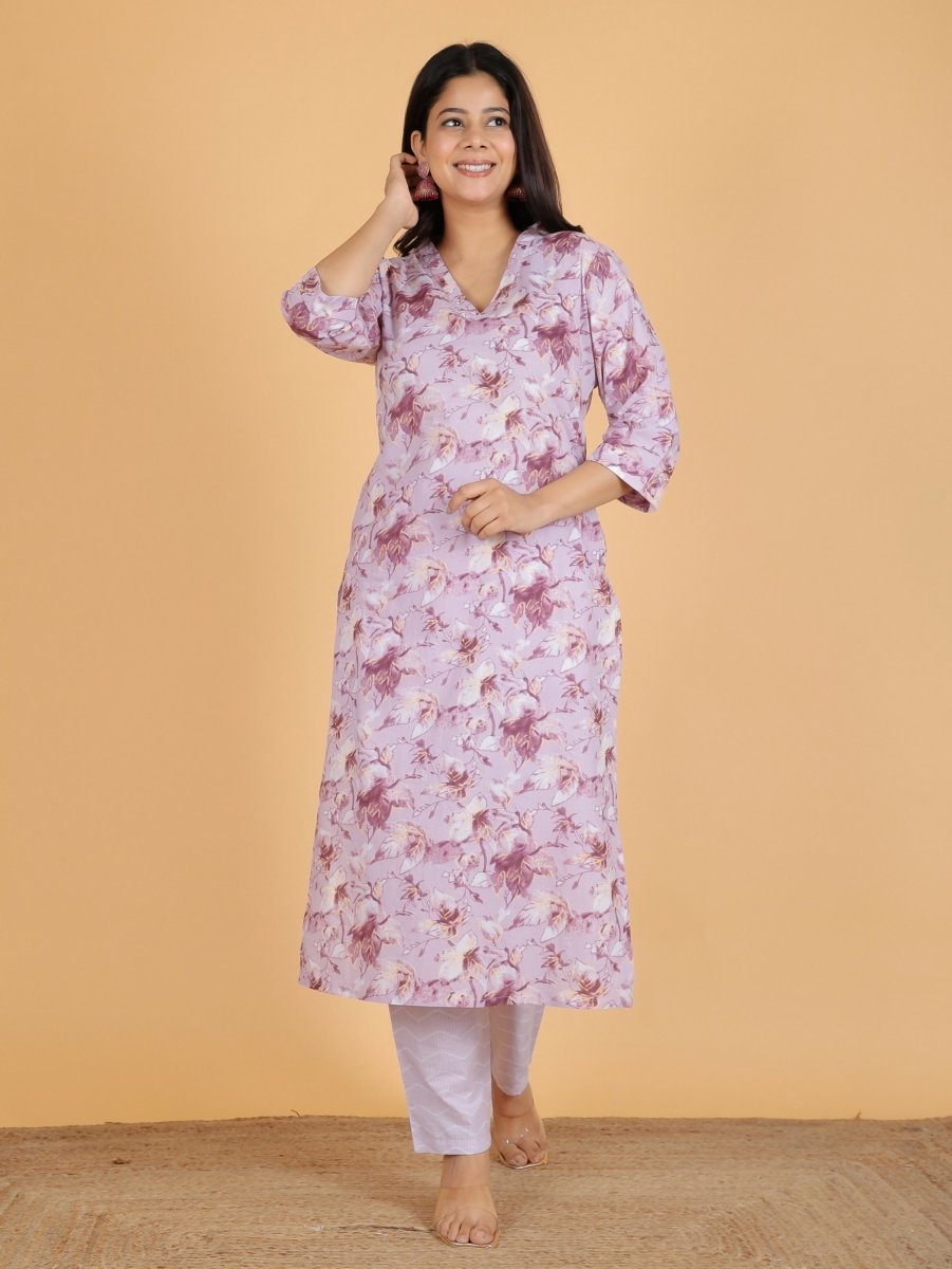 Aramya Straight Soft Cotton Gold foil Print Women's Kurta Set - Purple