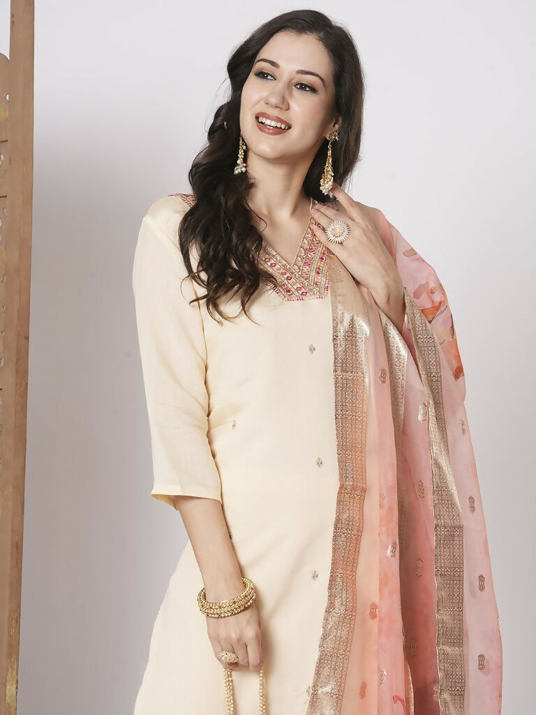 Peach PV Chanderi Embroidery Work,Printed Kurta Set - Riya