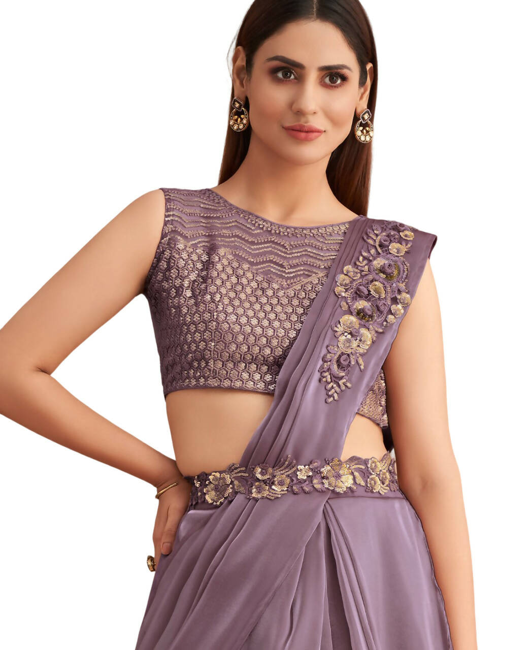 Purple Satin Embroidered Ready To Wear Saree With Unstitched Blouse Piece - Nandika