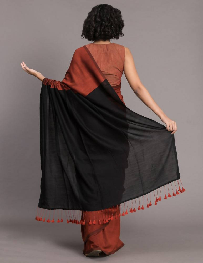 Suta Rust Brown Black Cotton Blend Colourblocked Saree