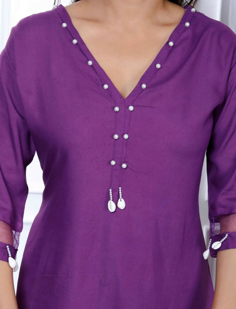 Miravan Women's Purple Solid Rayon Straight Co-Ord Set