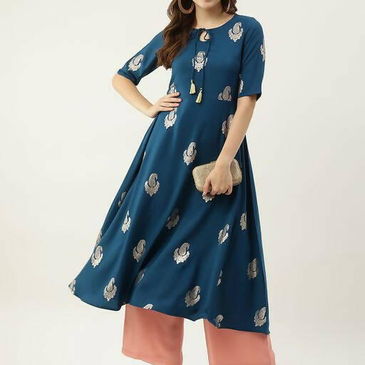 FIORRA Women's Blue Poly Crepe Flared Kurta