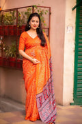 Orange Silk Blend Ajrak Saree with Unstitched Blouse - Hiral Fashion