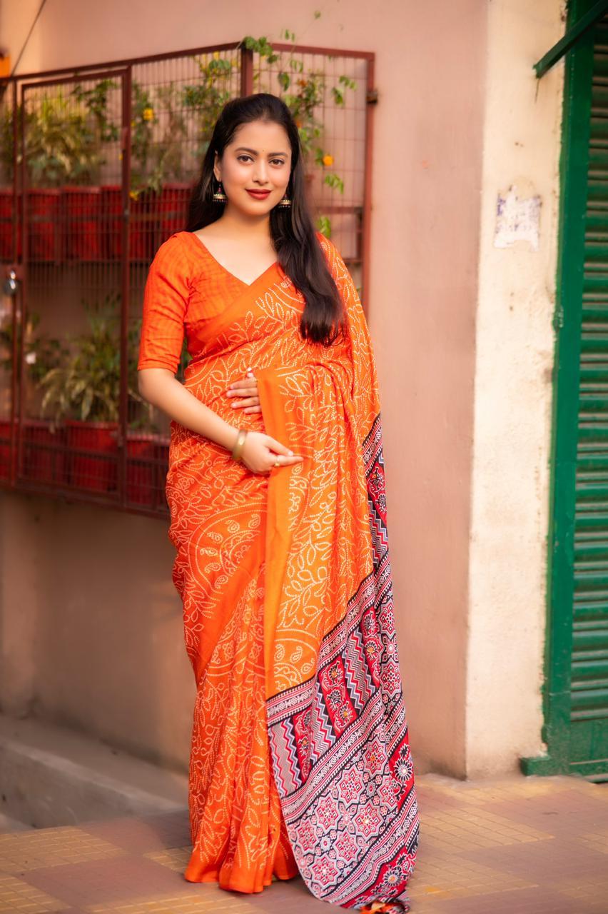 Orange Silk Blend Ajrak Saree with Unstitched Blouse - Hiral Fashion