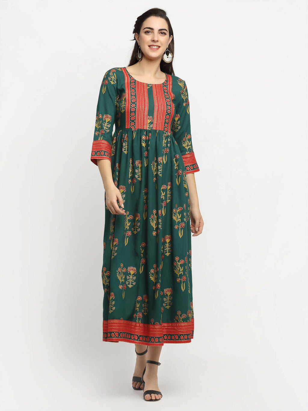 Rudra Bazaar Green Yoke Designed Flared Ethnic Kurta