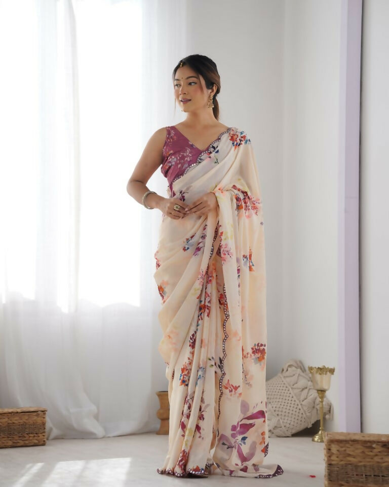 Peach Chinon Designer Digital Printed & Mirror Cut Work Saree - Kriti
