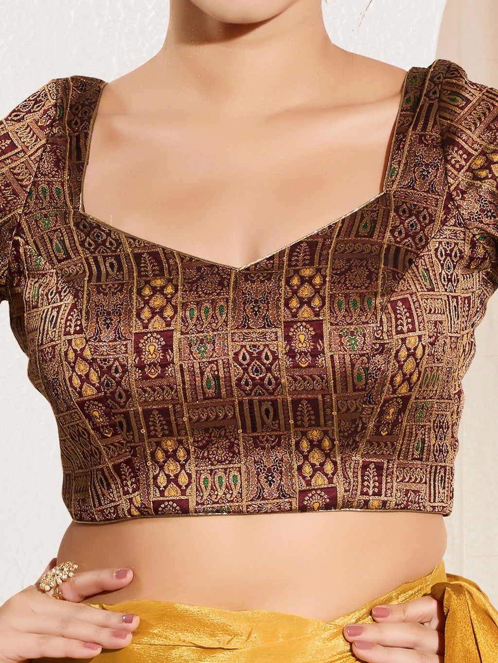 Joban Fashion Dark Maroon Brocade Padded Blouse With Round Neck Elbow Sleeves