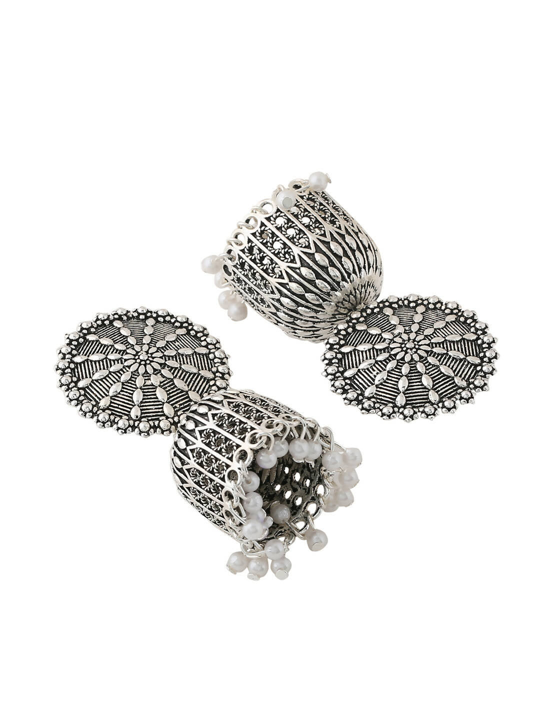 NVR Women Silver Toned Dome Shaped Jhumkas Earrings