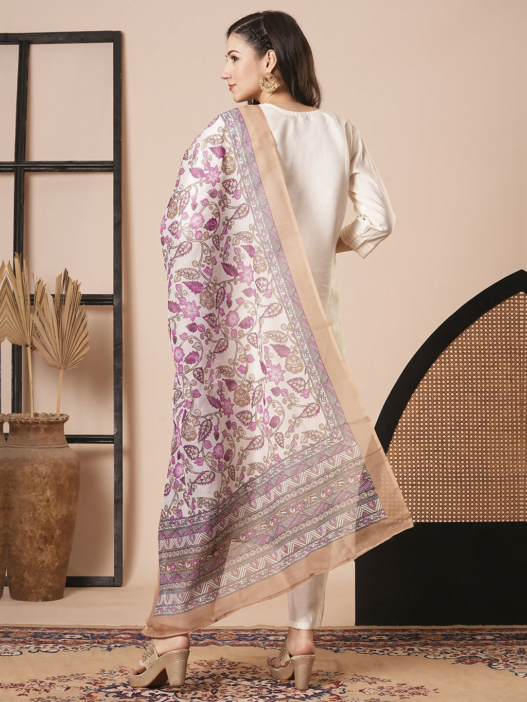 Cream Chanderi Embroidery Work, Printed Kurta Set - Riya