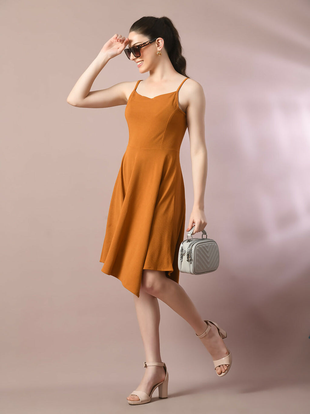 Myshka Women's Mustard Solid Shoulder Straps Fit and Flare Party Dress